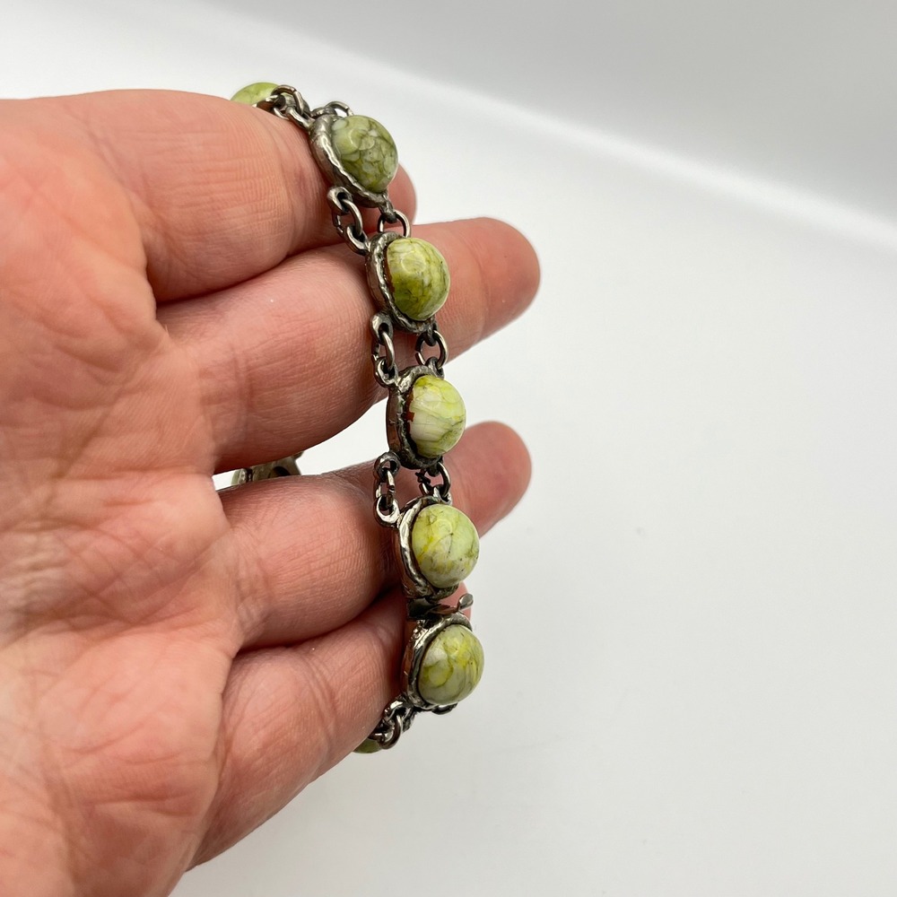 Vintage Silver Tone Green Marbled Stone Link Bracelet with Safety Chain 6.5in - Picture 5 of 7